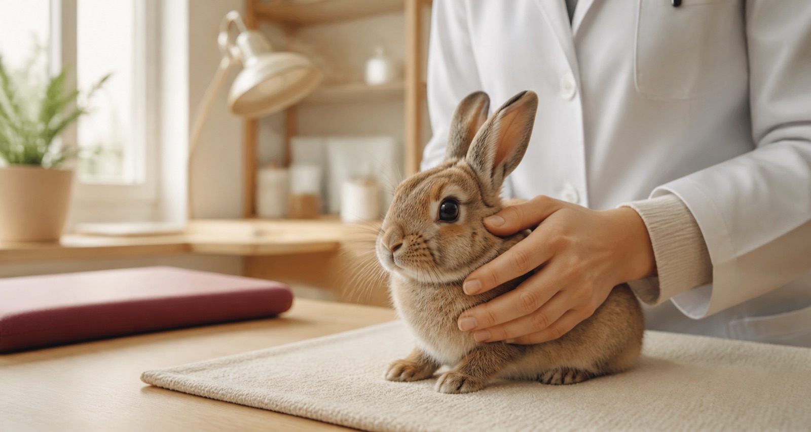Lapin manipulé délicatement lors d'un examen vétérinaire
