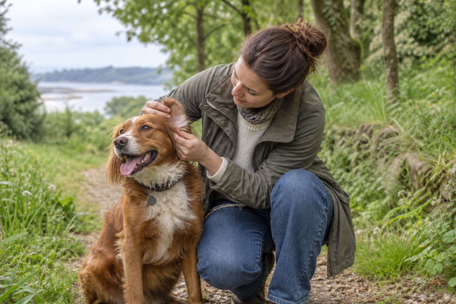 Propriétaire inspectant les oreilles de son chien après une promenade